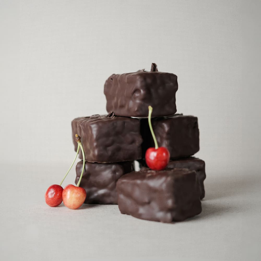 Nahaufnahme des Gollmann Lebkuchen-Konfekts Kirsch-Whisky