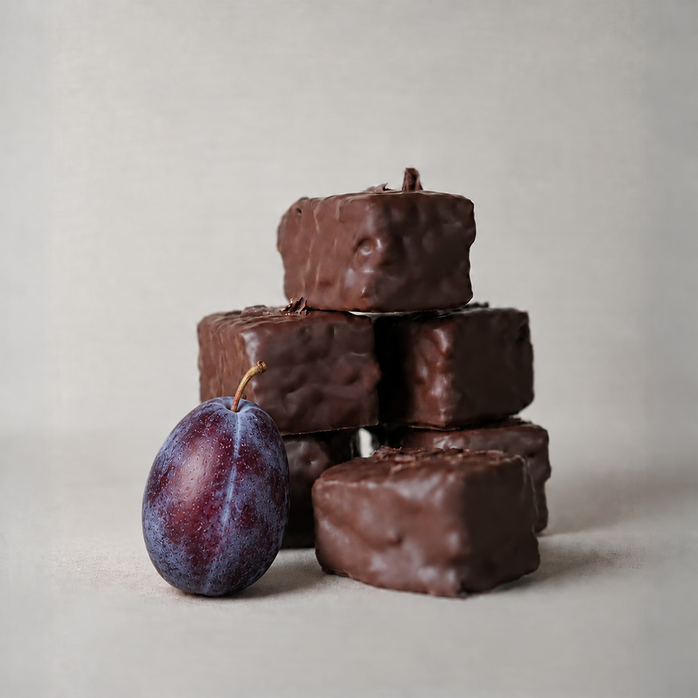 Nahaufnahme des Gollmann Lebkuchen-Konfekts Pflaume-Rum